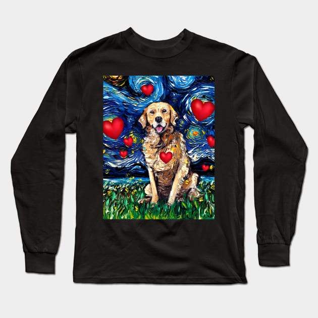 Golden Retriever Night with Hearts Long Sleeve T-Shirt by sagittariusgallery